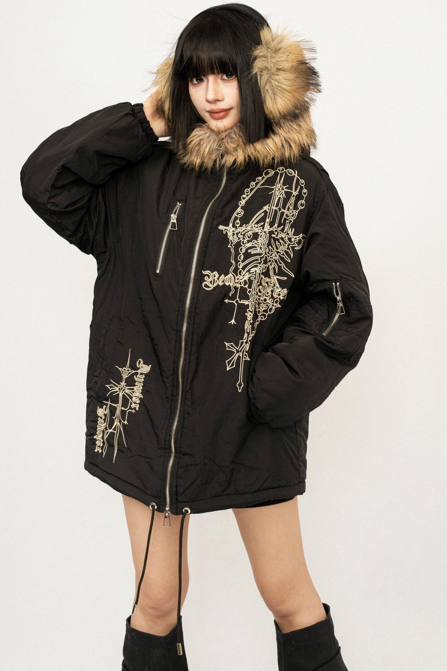 Embroidered Fur Collar Jacket