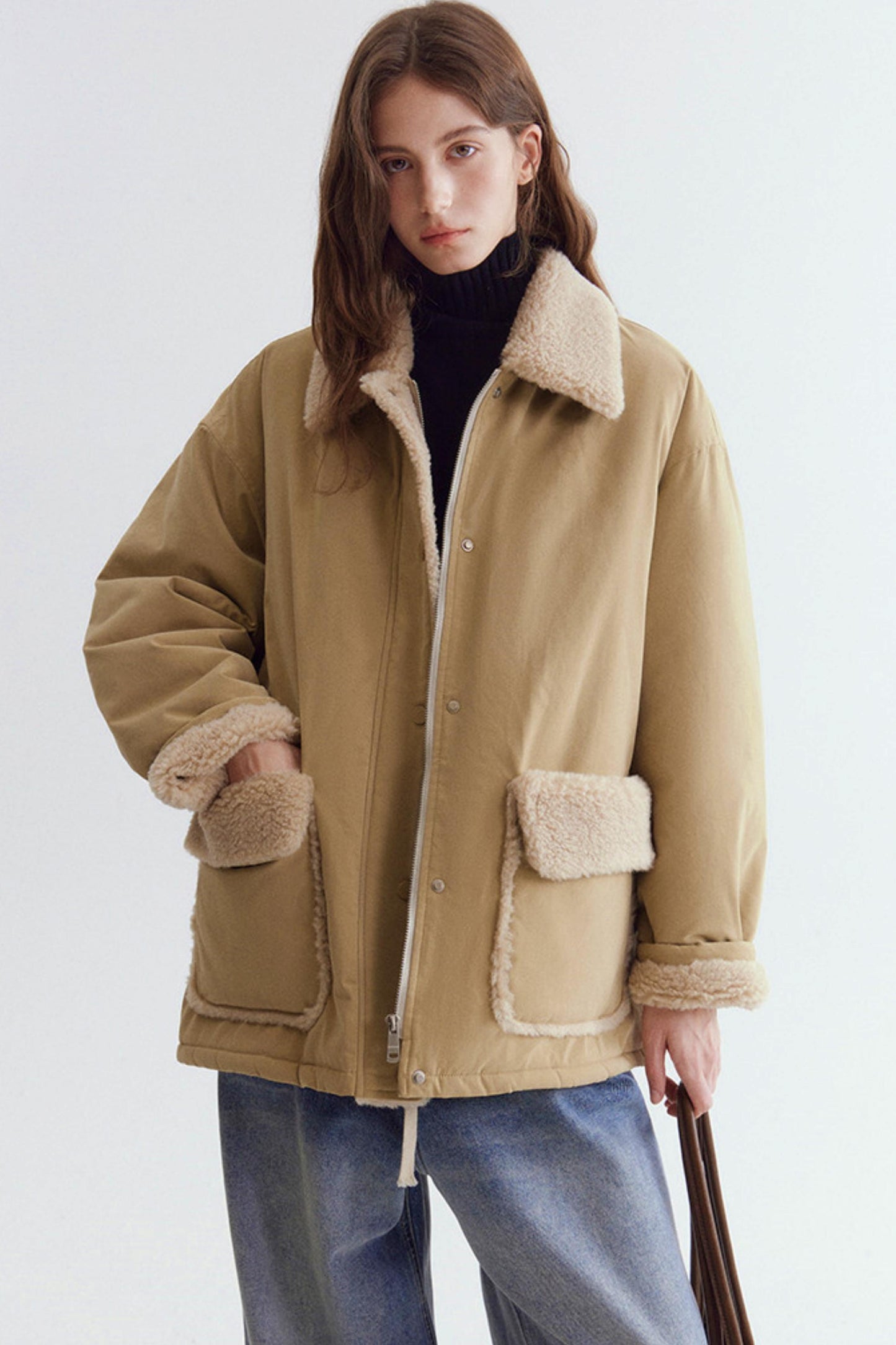 Color-Blocked Lamb Wool Coat