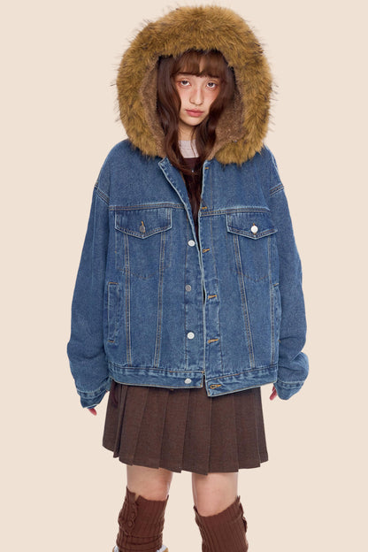 Fur Collar Hooded Denim Jacket