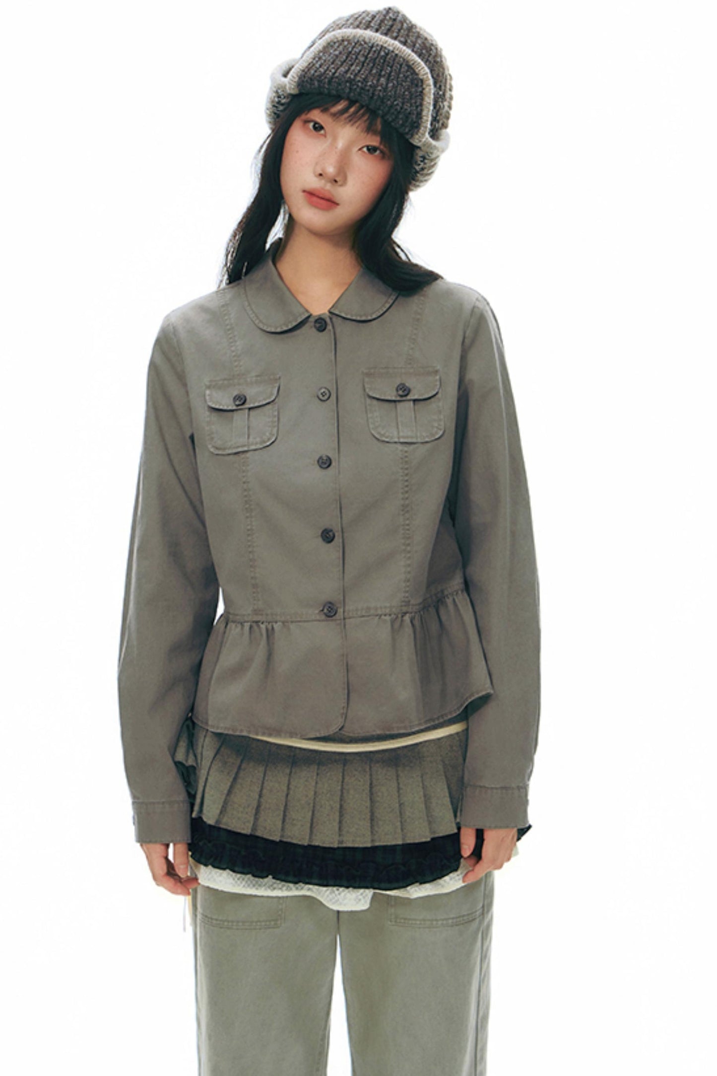 Distressed Doll Collar Cargo Coat