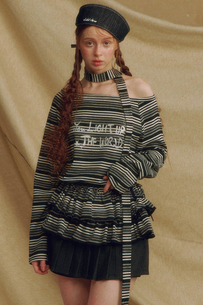 Chic One-Shoulder Striped Lace Top