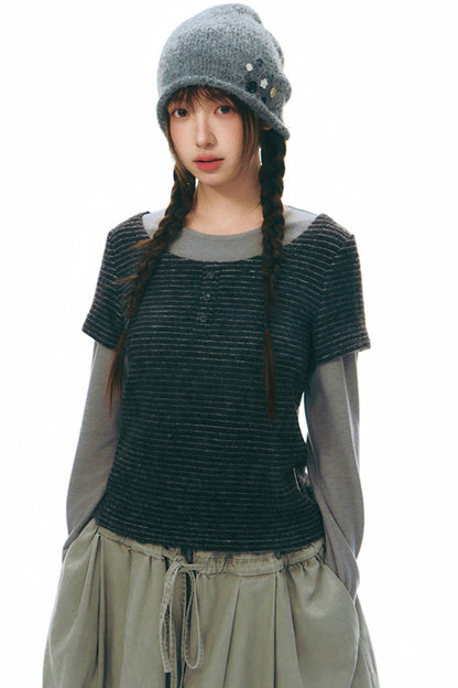 Brushed Stripe Round Neck Long Sleeve Top