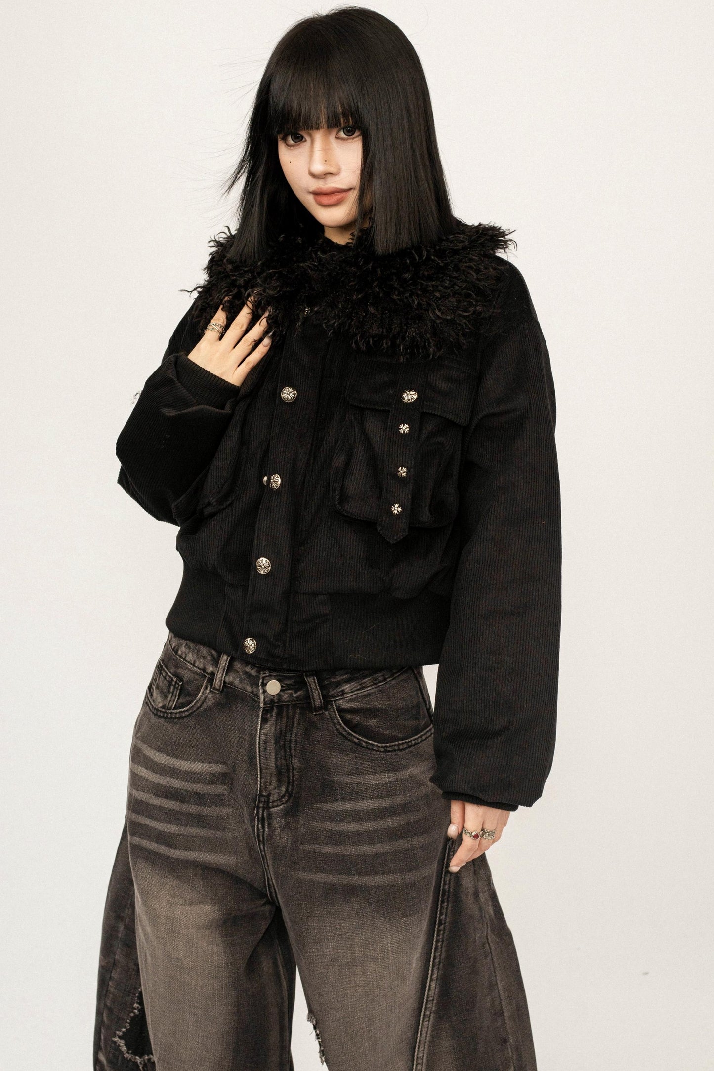 Black Fur Collar Hooded Jacket