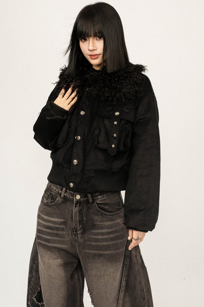Black Fur Collar Hooded Jacket