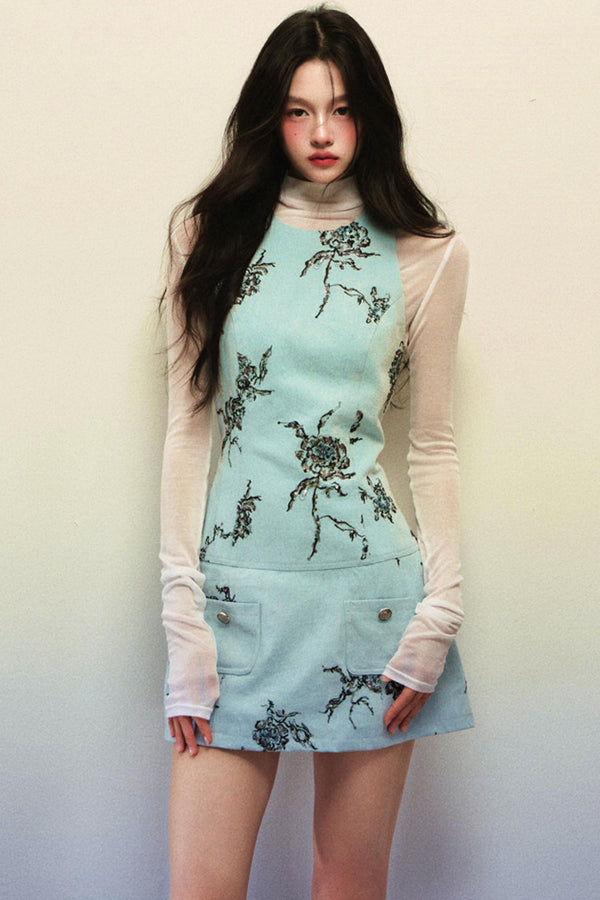 Light Blue Rose Embroidered Denim Vest Dress Set-Up