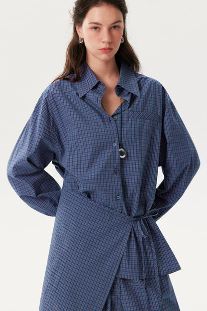 Blue Plaid Long Shirt Trousers Set