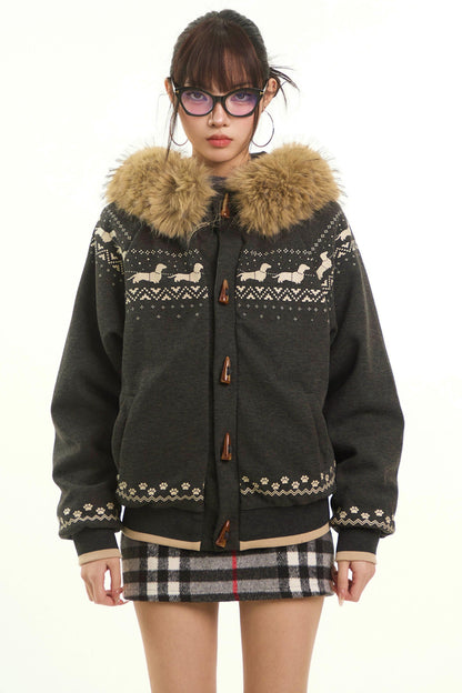 Retro Fair Isle Fur Collar Jacket
