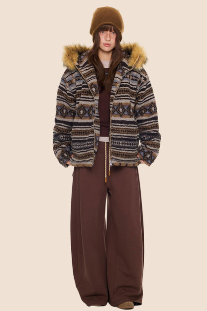 Ethnic Fur Collar Hooded Jacket