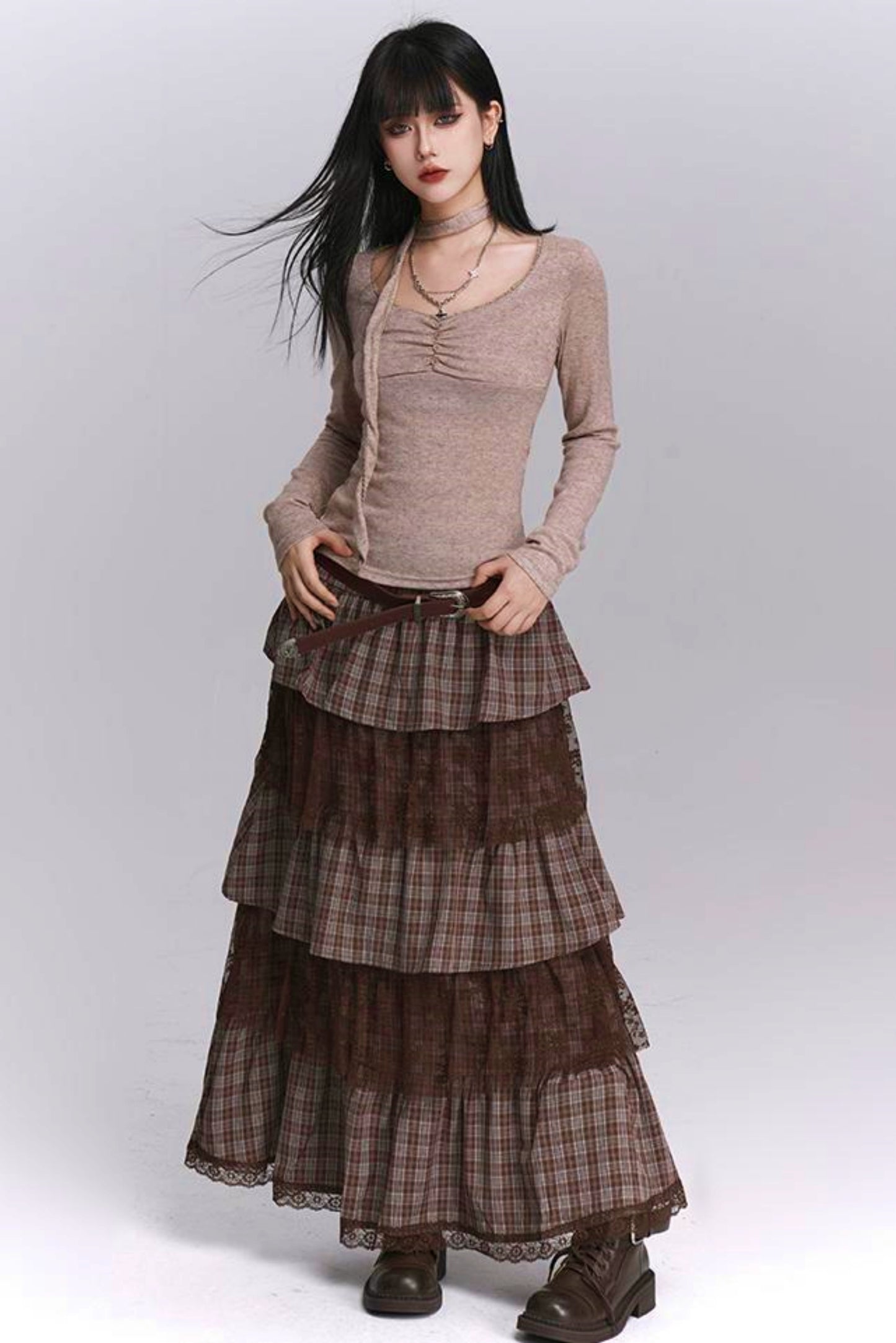 Plaid Tiered Long Skirt
