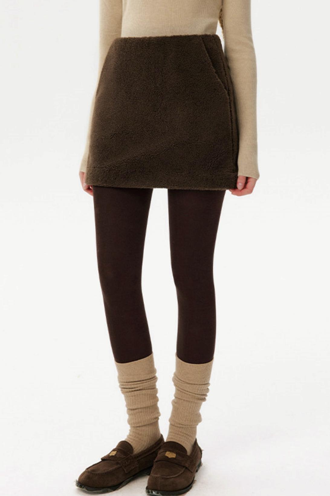 Retro Coffee Lamb Wool Skirt