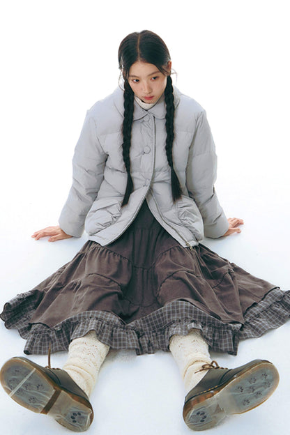 Patchwork Plaid Shirred Japanese Lace-Up Long Dress