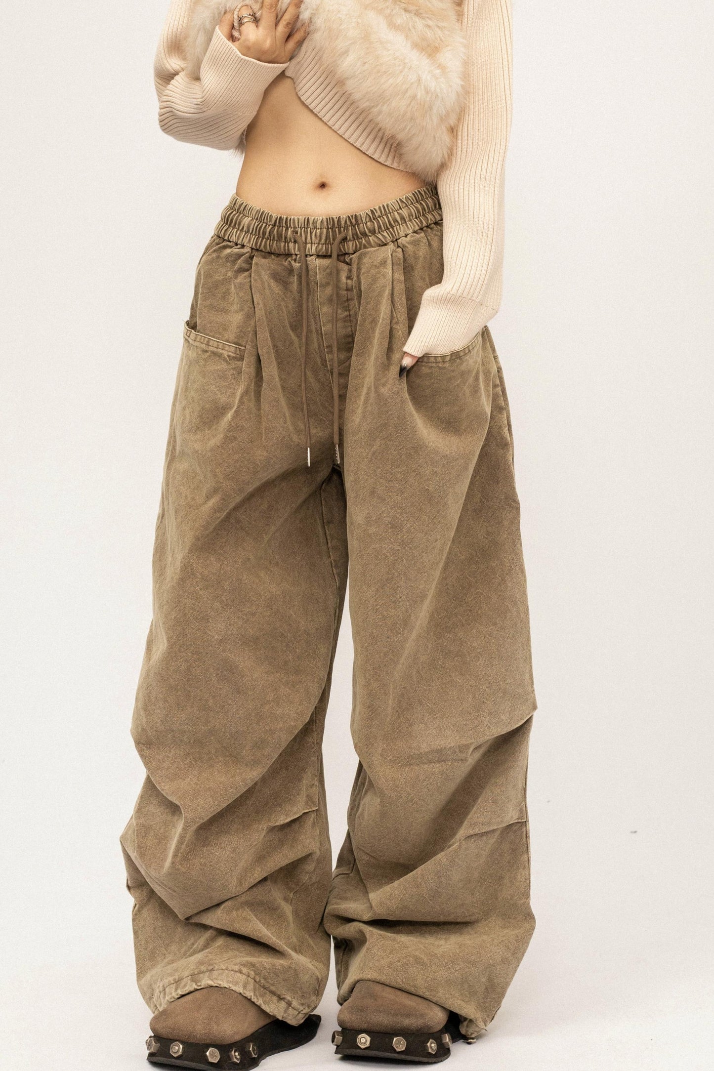High-Waisted Khaki Wide-Leg Pants