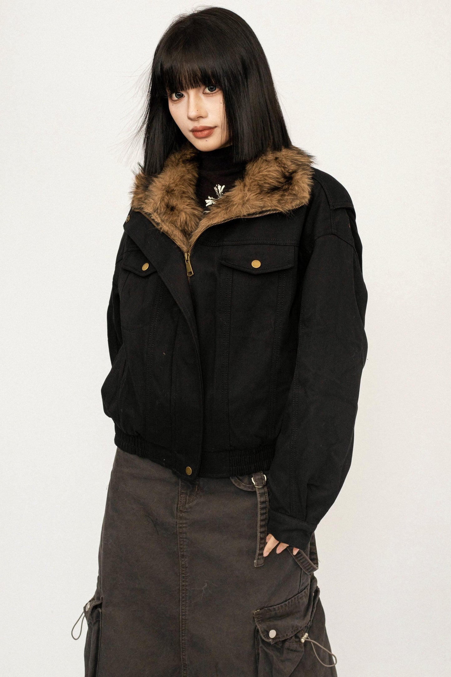 Retro Fur Collar Workwear Winter Cotton Jacket