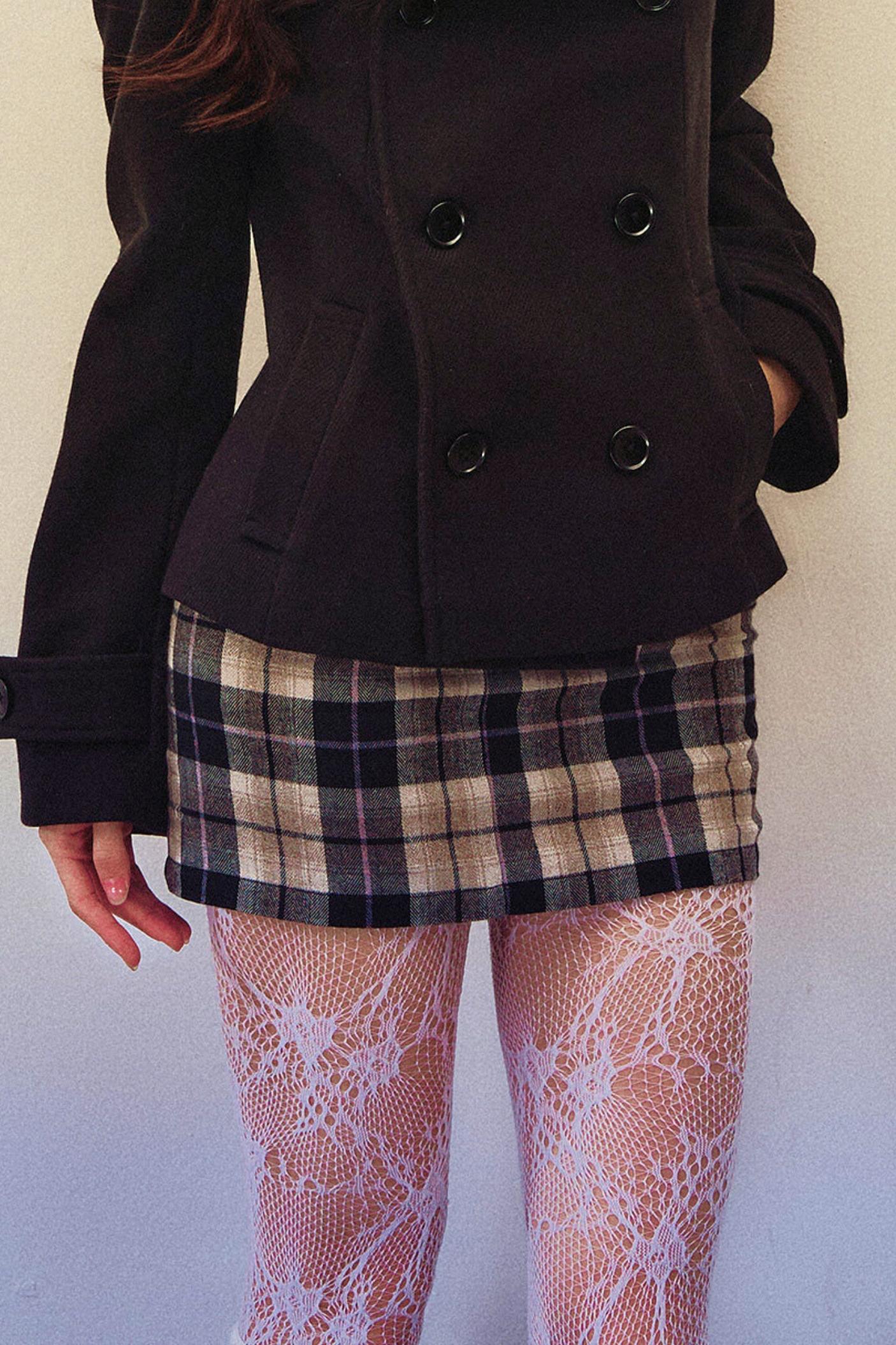 Double-Breasted Woolen Coat And Plaid Skirt Set-Up