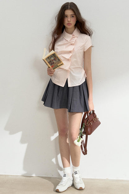 Pink Ruffled Lace Short Sleeves Blouse