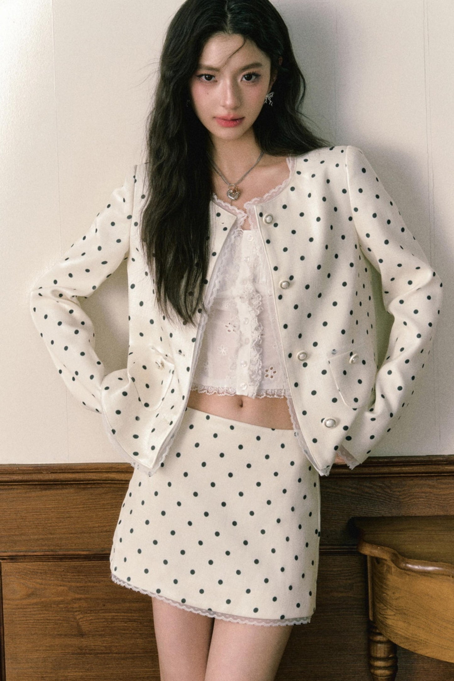Beige Polka Dot Lace Ensemble Cardigan Set-Up