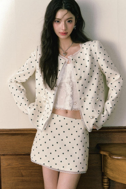 Beige Polka Dot Lace Ensemble Cardigan Set-Up