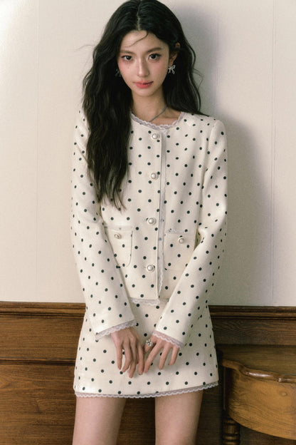 Beige Polka Dot Lace Ensemble Cardigan Set-Up