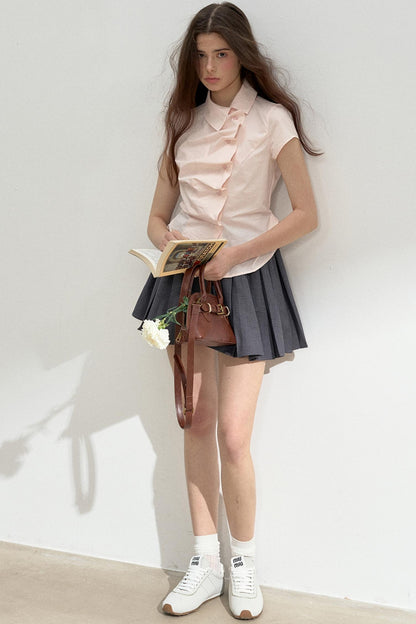 Pink Ruffled Lace Short Sleeves Blouse