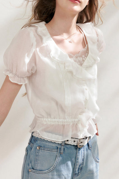 Bubble Sleeve Lace Blouse Set-Up