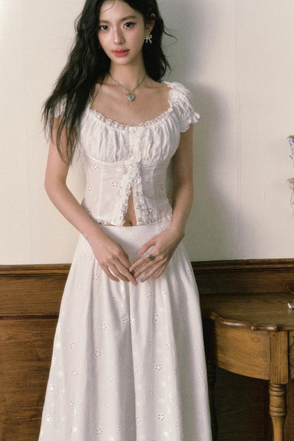 Floral Embroidered Top And Flared Skirt Set-Up