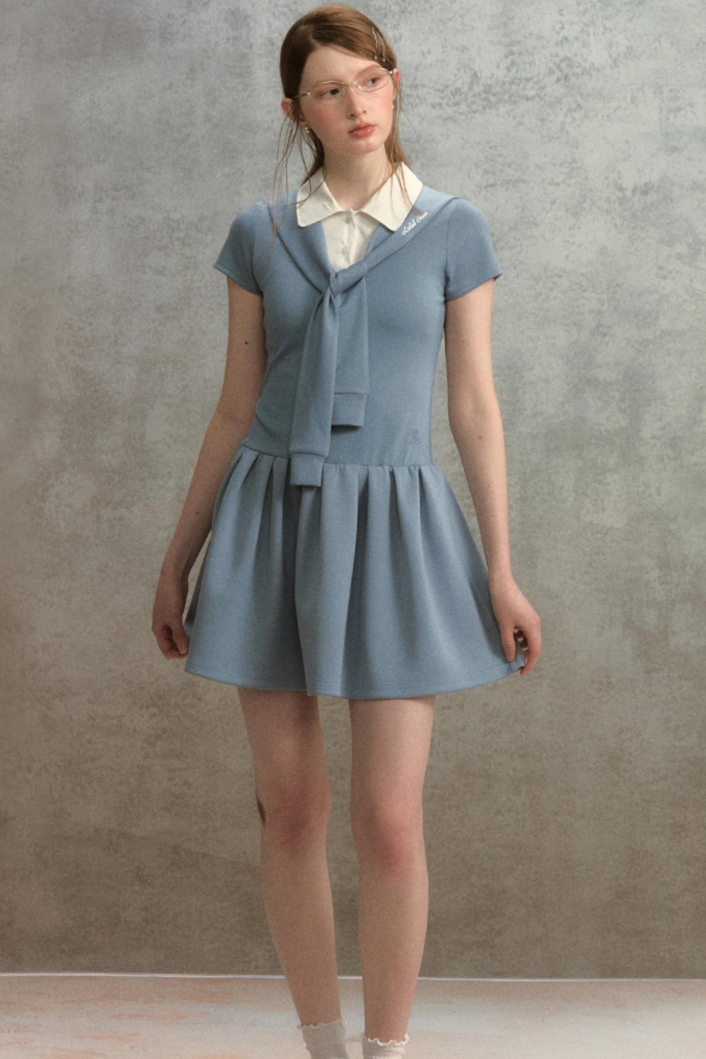 Embroidered Navy Knit Dress