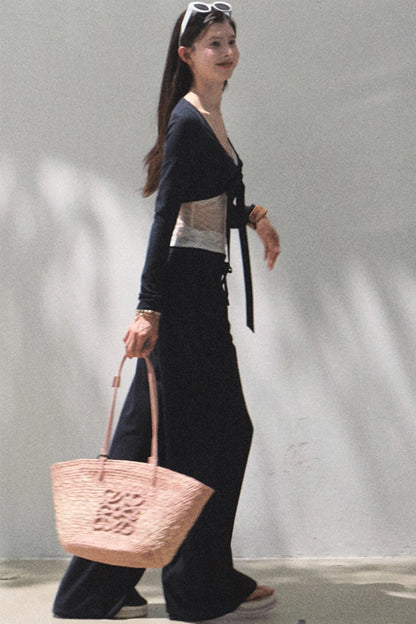 Lace-Up Top & Wide Leg Pants Set-Up