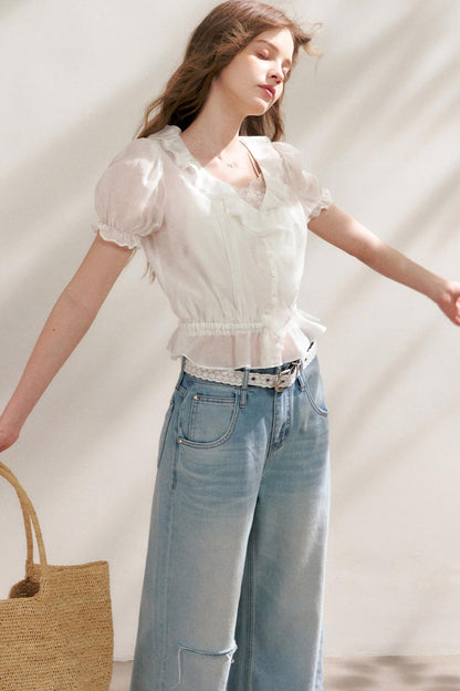 Bubble Sleeve Lace Blouse Set-Up