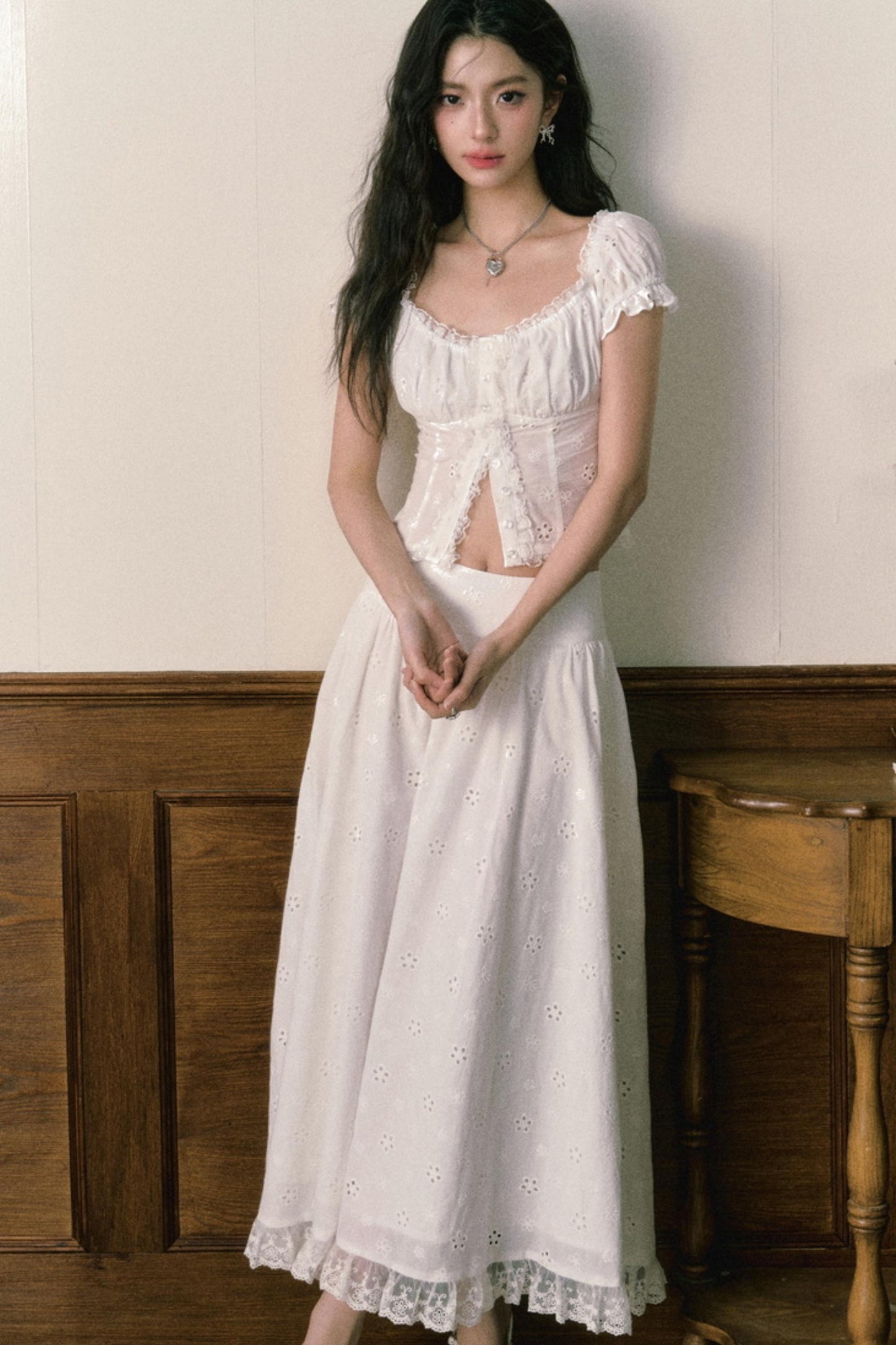 Floral Embroidered Top And Flared Skirt Set-Up