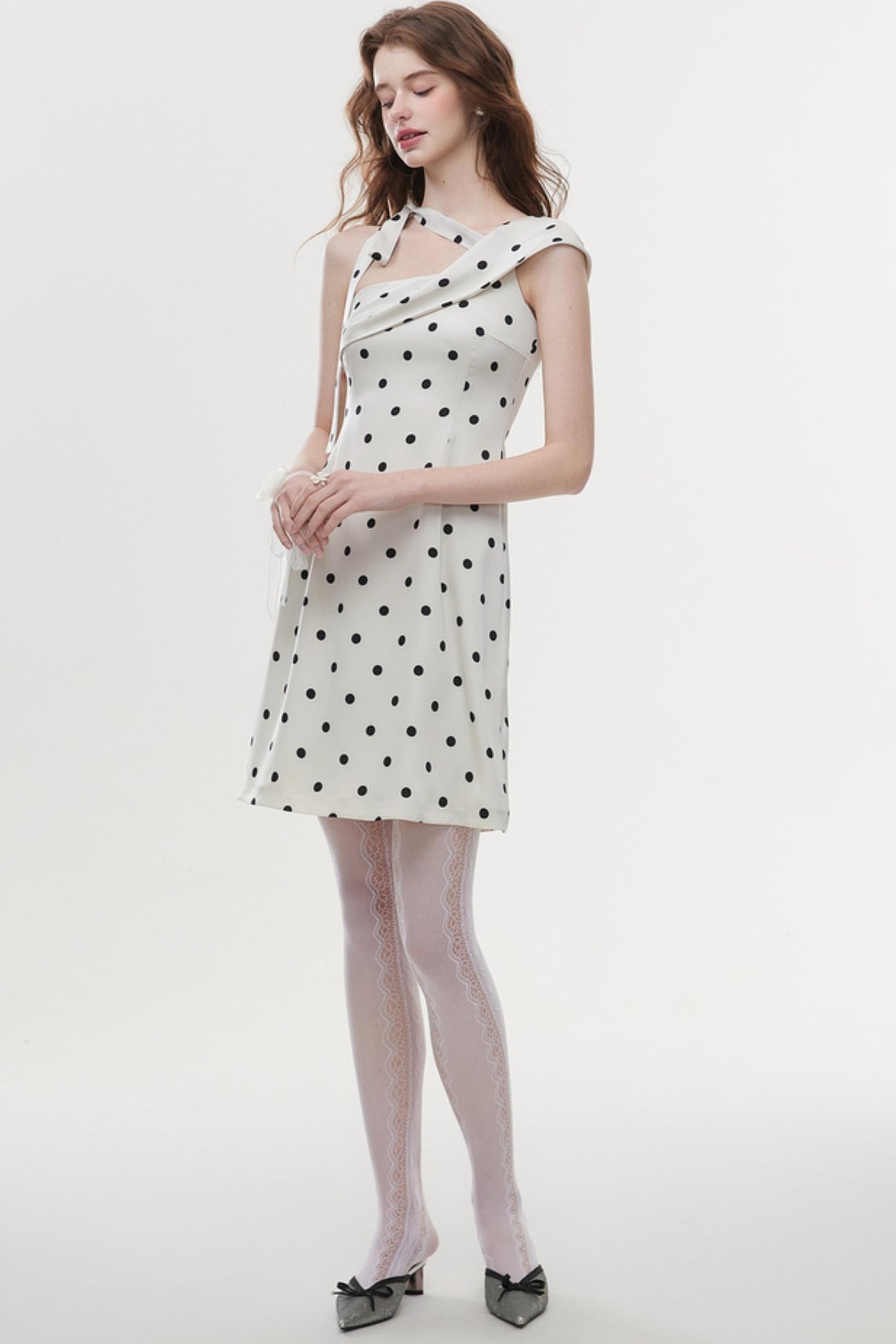Summer Polka Dot Satin Halter Dress