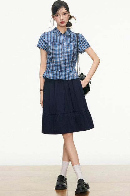 Checked Navy Skirt Shirt Set-Up