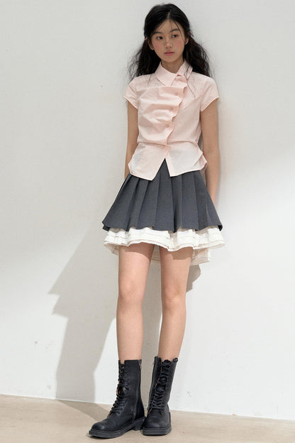 Pink Ruffled Lace Short Sleeves Blouse