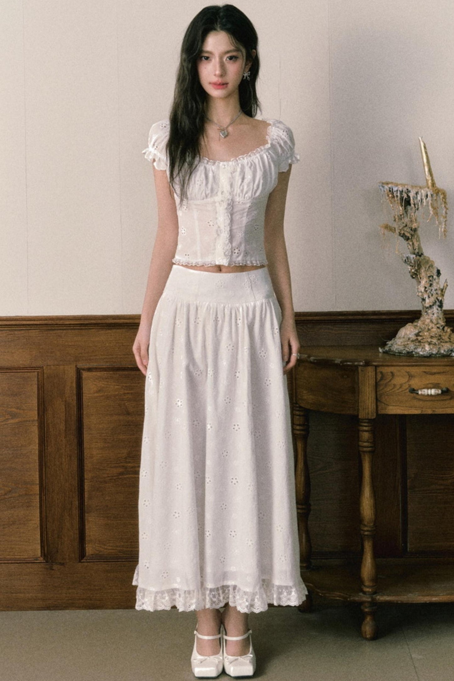 Floral Embroidered Top And Flared Skirt Set-Up