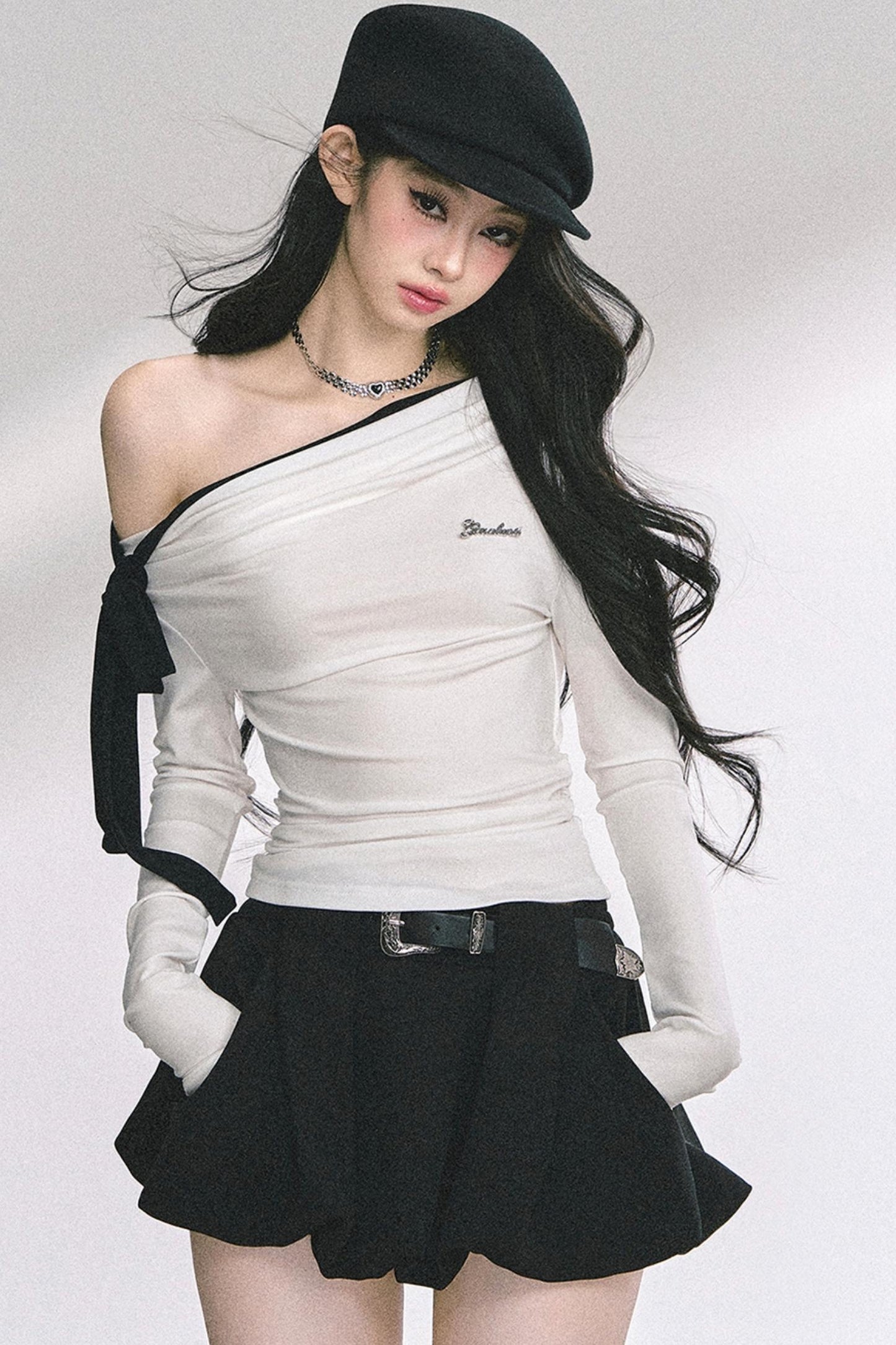 Swirl Waist Slimming Black Top