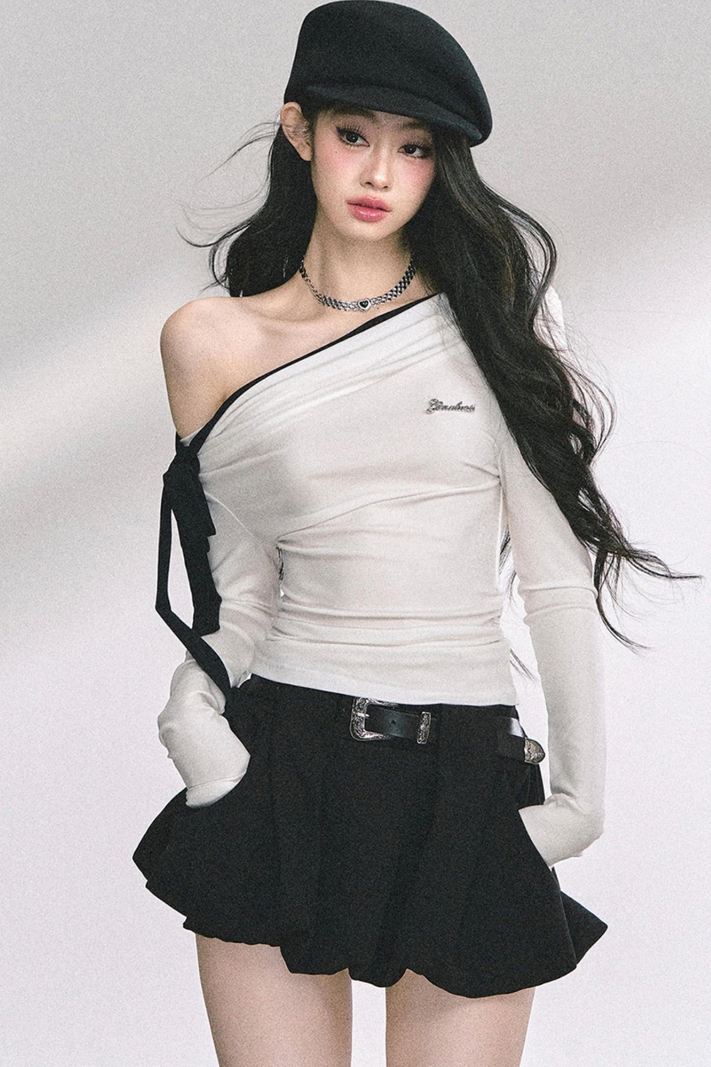 Swirl Waist Slimming Black Top