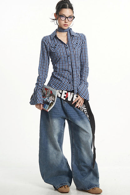 Vintage Pleated Slim Waist Shirt