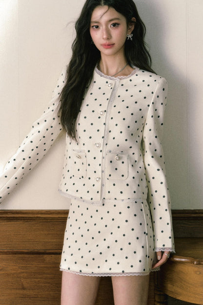 Beige Polka Dot Lace Ensemble Cardigan Set-Up