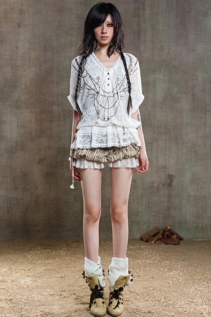 Earthy Orange Belt With Retro Lace Shirt Set-Up