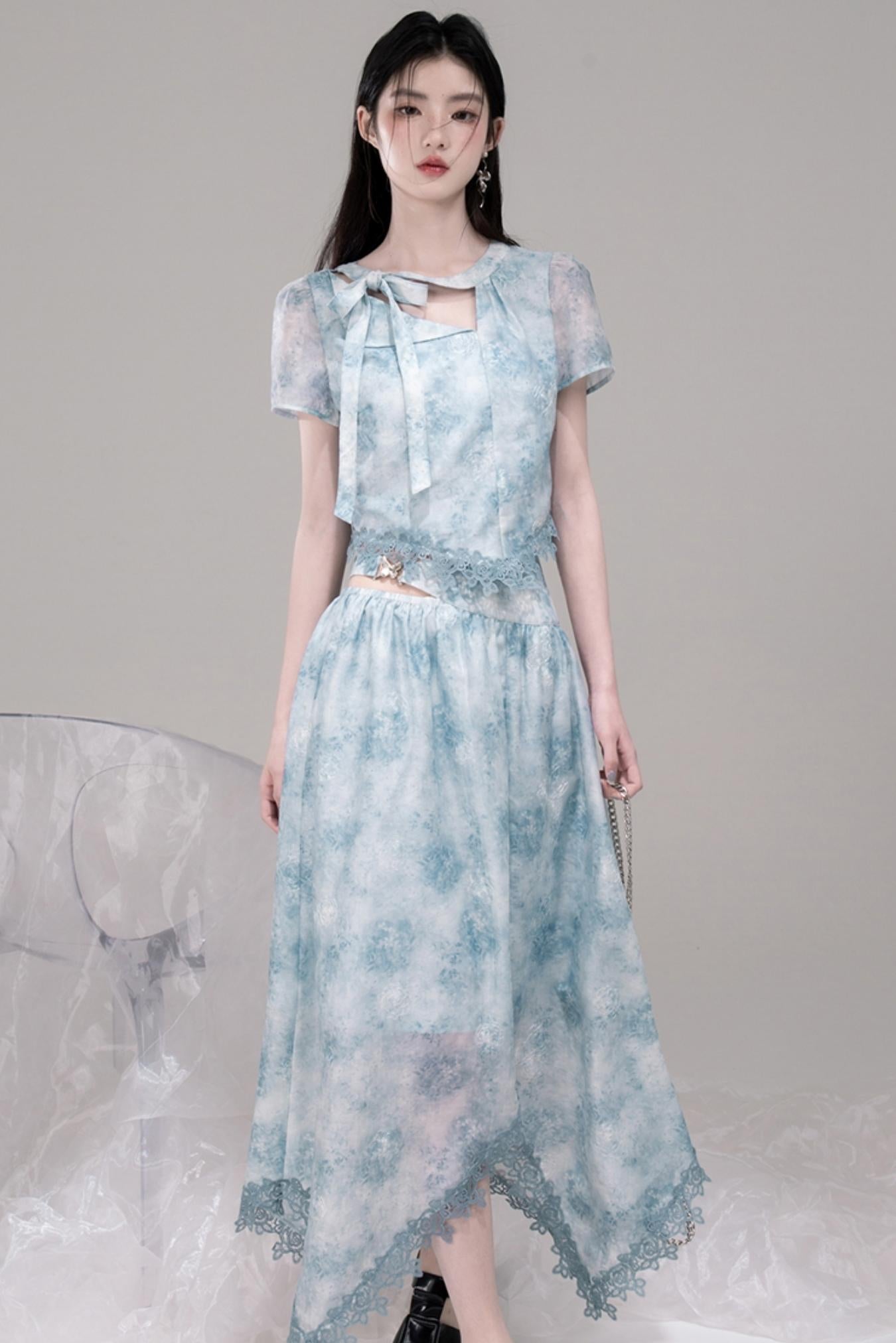 Blue Bow Waist Skirt Set-Up