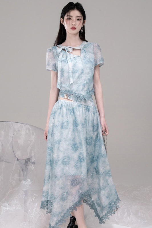 Blue Bow Waist Skirt Set-Up