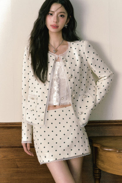 Beige Polka Dot Lace Ensemble Cardigan Set-Up