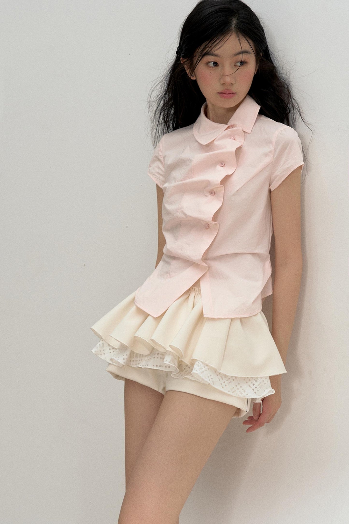 Pink Ruffled Lace Short Sleeves Blouse