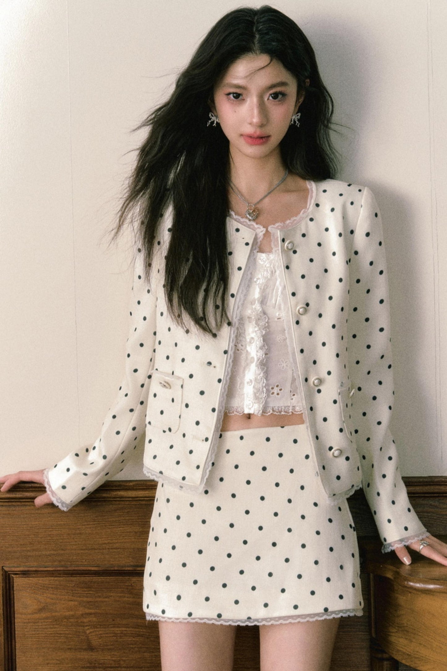 Beige Polka Dot Lace Ensemble Cardigan Set-Up