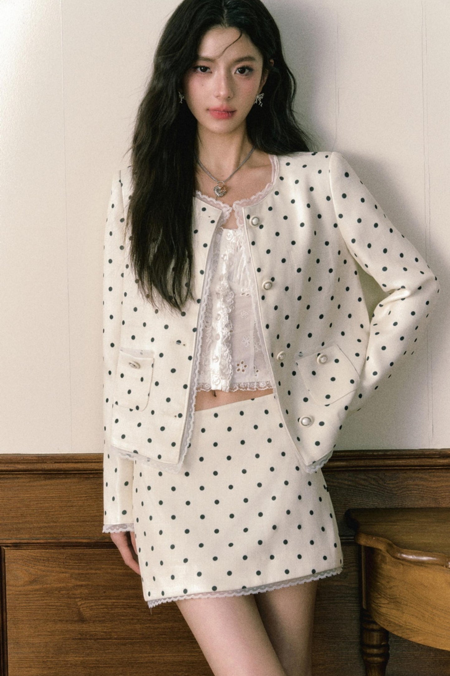 Beige Polka Dot Lace Ensemble Cardigan Set-Up