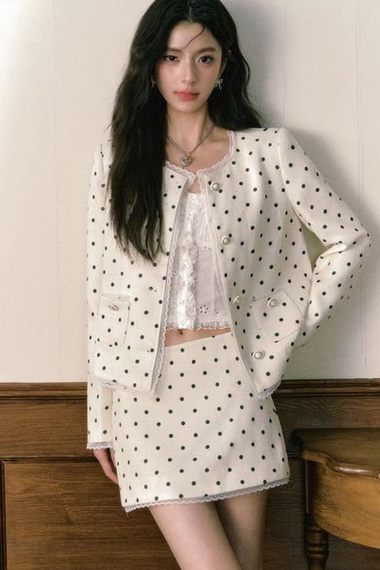Beige Polka Dot Lace Ensemble Cardigan Set-Up