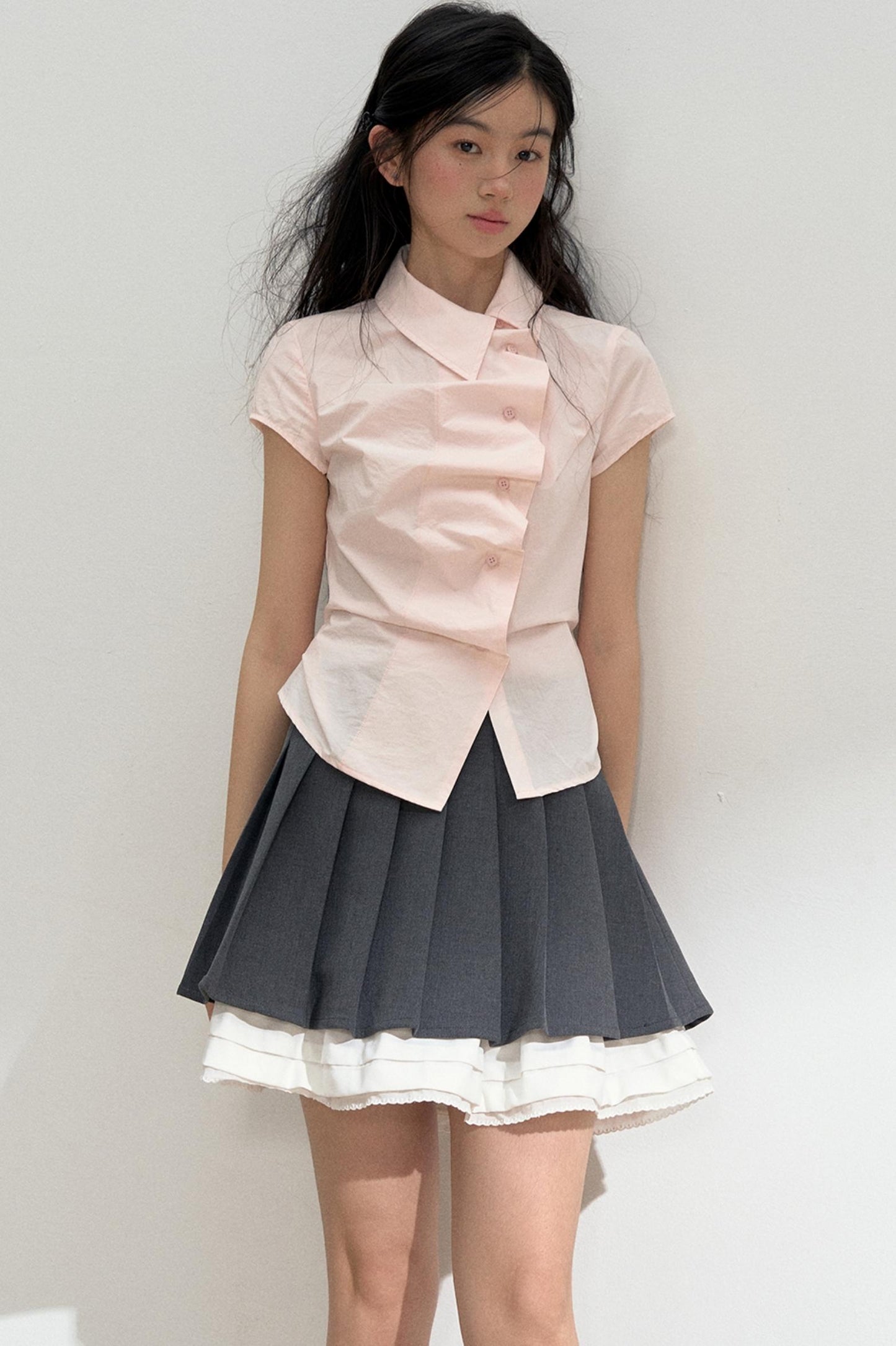 Pink Ruffled Lace Short Sleeves Blouse