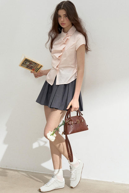 Pink Ruffled Lace Short Sleeves Blouse