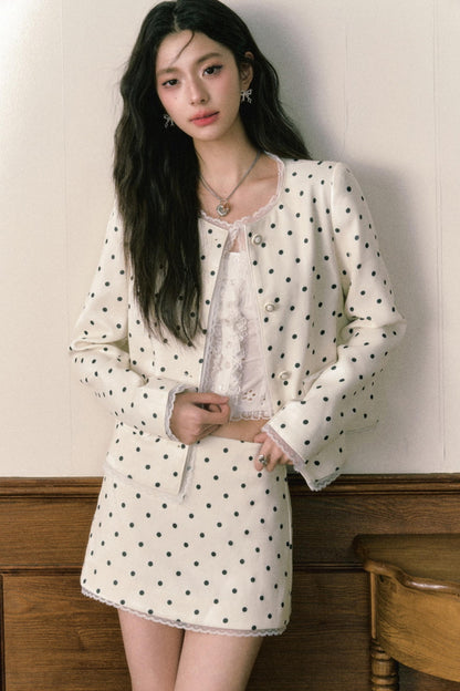 Beige Polka Dot Lace Ensemble Cardigan Set-Up