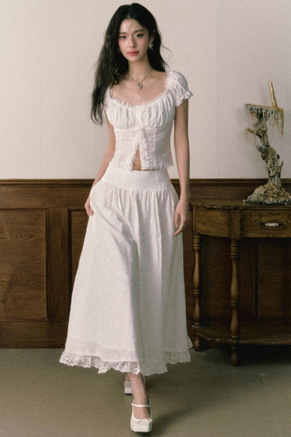 Floral Embroidered Top And Flared Skirt Set-Up