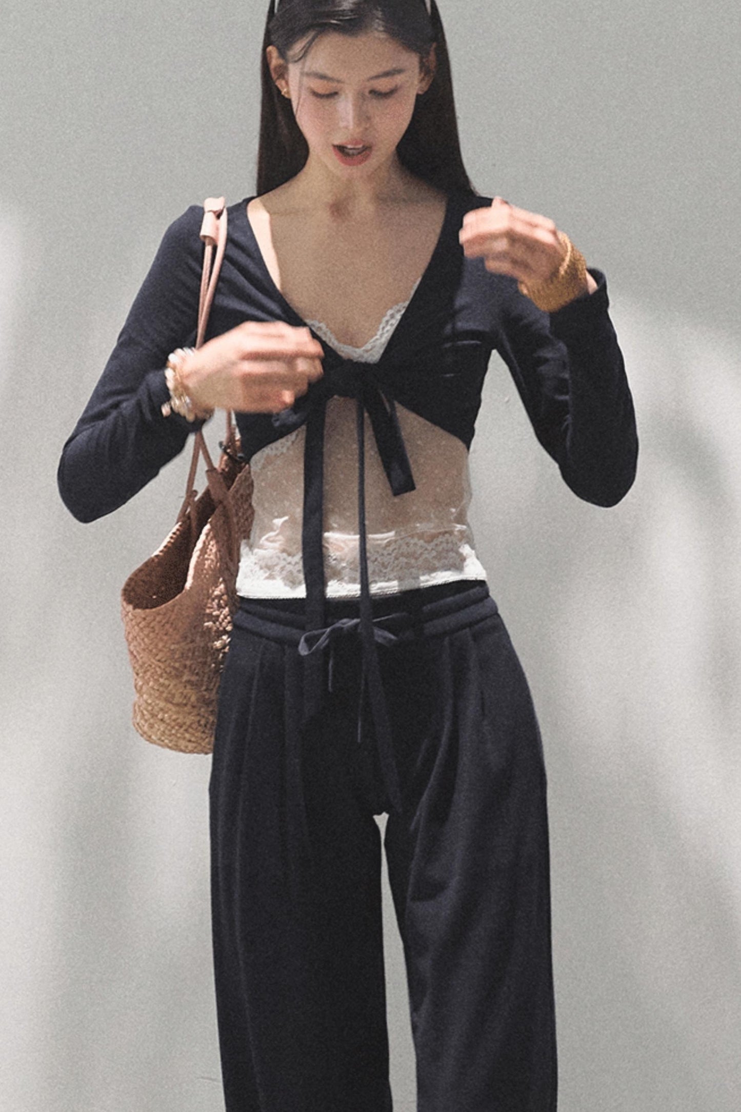 Lace-Up Top & Wide Leg Pants Set-Up